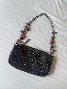 Vintage 90s-y2k | Black/Metallic Laser cut Shoulder Bag with Beaded Chain